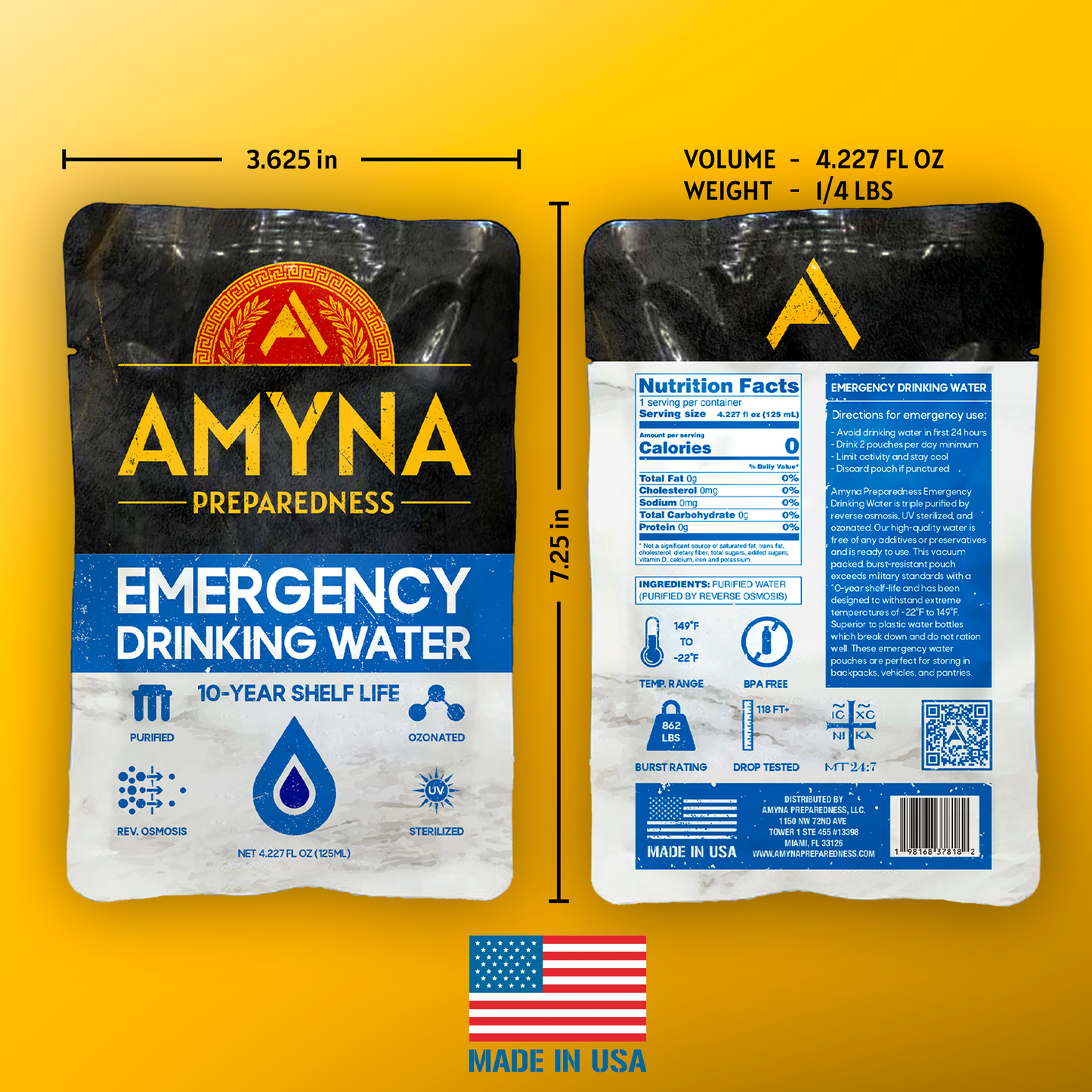 AMYNA PREPAREDNESS EMERGENCY DRINKING WATER | 10-YEAR SHELF LIFE 96-PACK CASE