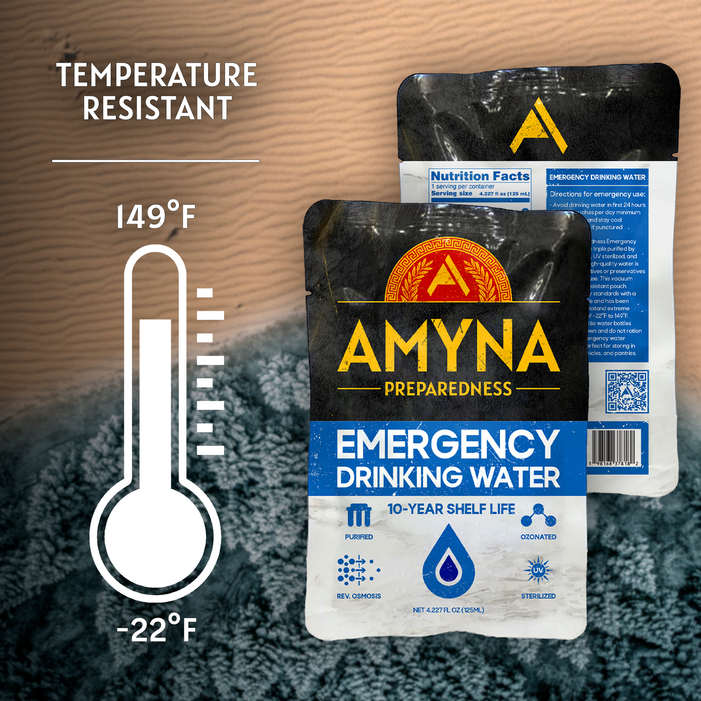 AMYNA PREPAREDNESS EMERGENCY DRINKING WATER | 10-YEAR SHELF LIFE 96-PACK CASE