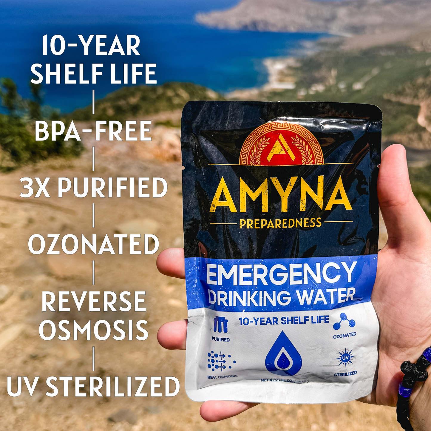 AMYNA PREPAREDNESS EMERGENCY DRINKING WATER | 10-YEAR SHELF LIFE 96-PACK CASE