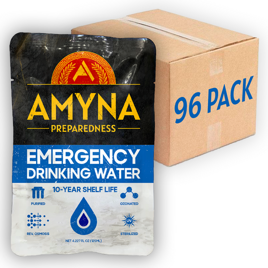 EMERGENCY DRINKING WATER POUCHES - 96-PACK CASE - 10-YEAR SHELF LIFE